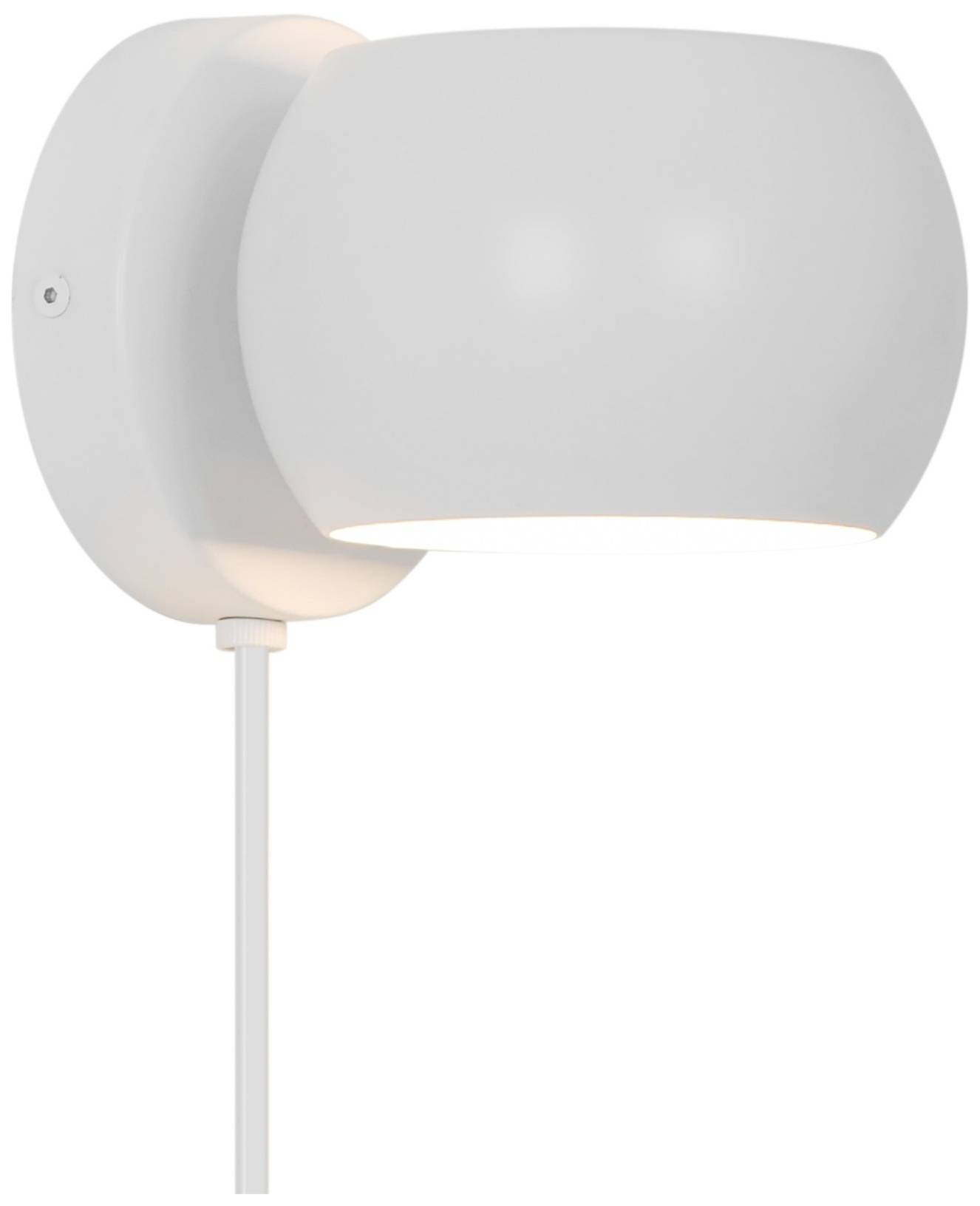 Weiße Wandleuchte mit rundem Schirm, der nach unten gerichtet ist, an einer runden Wandhalterung montiert, mit sichtbarem Kabel.