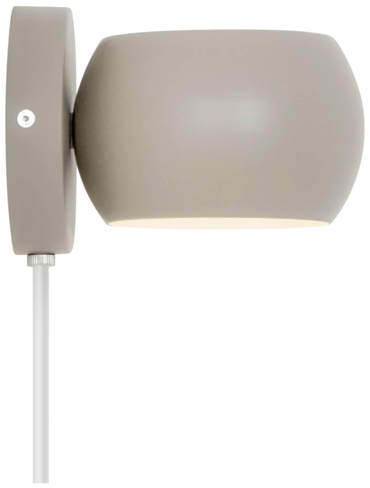 Graue, halbkugelförmige Wandlampe aus Metall mit Kabelabgang auf der linken Seite. Die Lampe ist an der Wandhalterung befestigt.