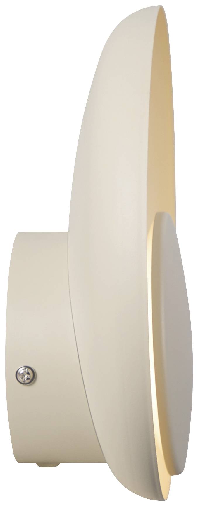 Wandleuchte mit modernem Design in Beige, seitliche Ansicht. Hauptmerkmale sind die schlichte Form und die leichte Neigung des Schirms.