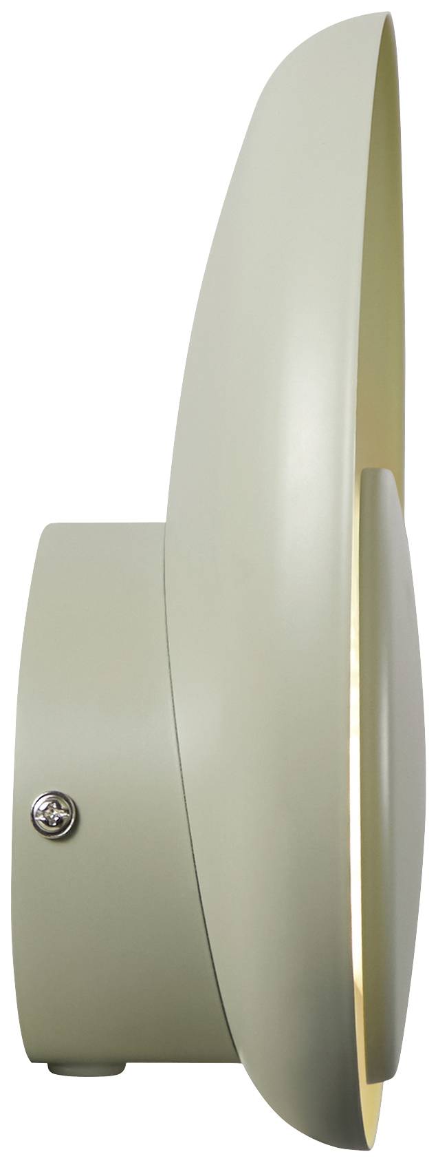 Seitenansicht einer modernen Wandlampe mit schlichter, runder Form in neutraler Farbe, die indirektes Licht abgibt.