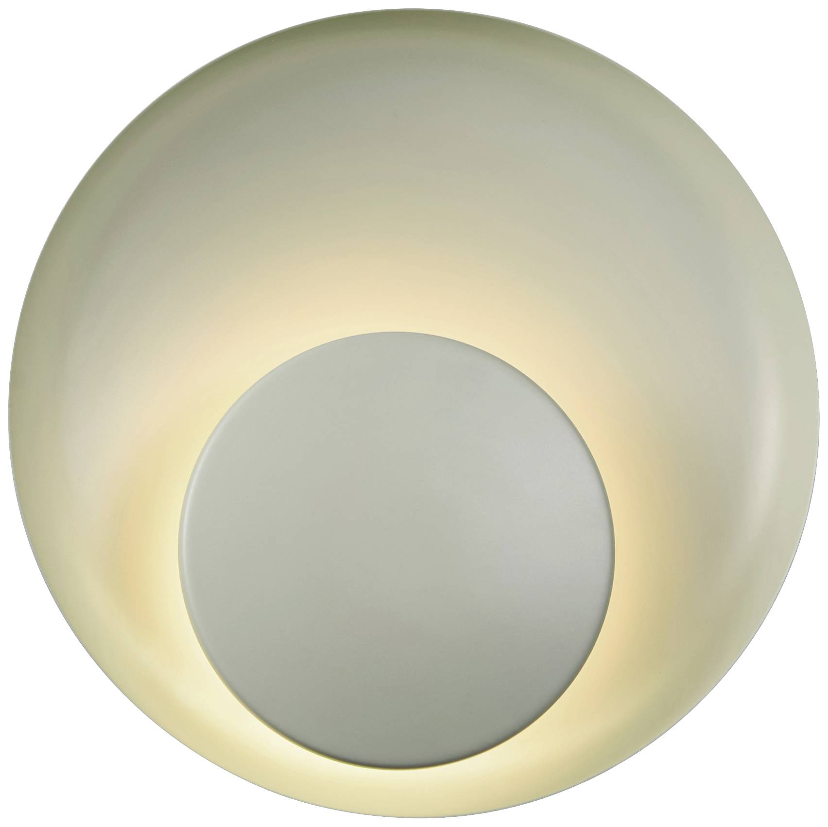 Weiße, runde Wandlampe mit weichem, gelblich strahlendem Licht, das kreisförmig von der Mitte nach außen leuchtet.
