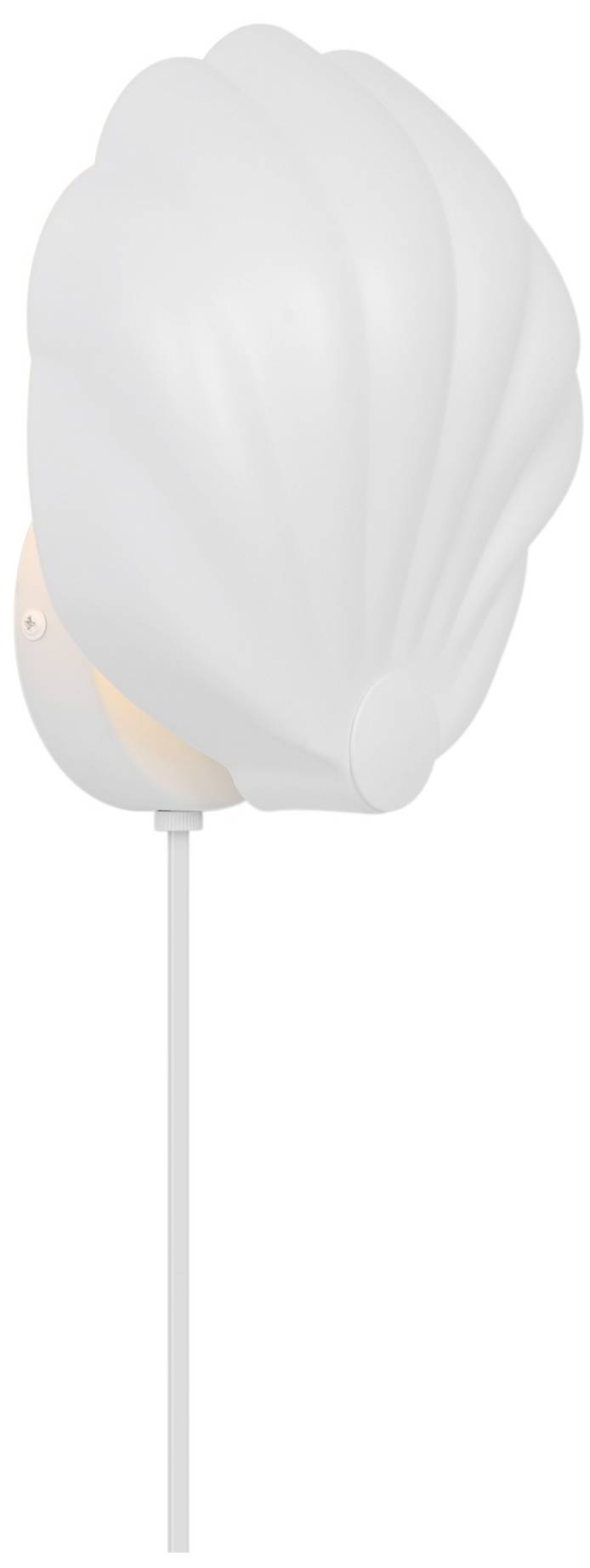 Muschelförmige Lampe in Weiß an der Wand montiert, mit Kabel zur Stromversorgung. Licht scheint sanft durch die Form der Muschel.
