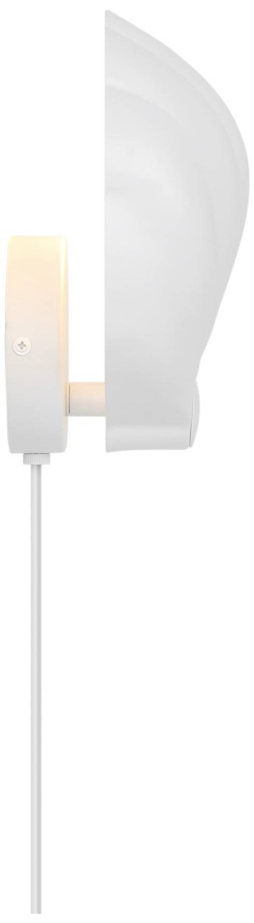 Wandleuchte mit rundem Design in Weiß, leuchtet nach rechts. Dünnes Kabel hängt nach unten.