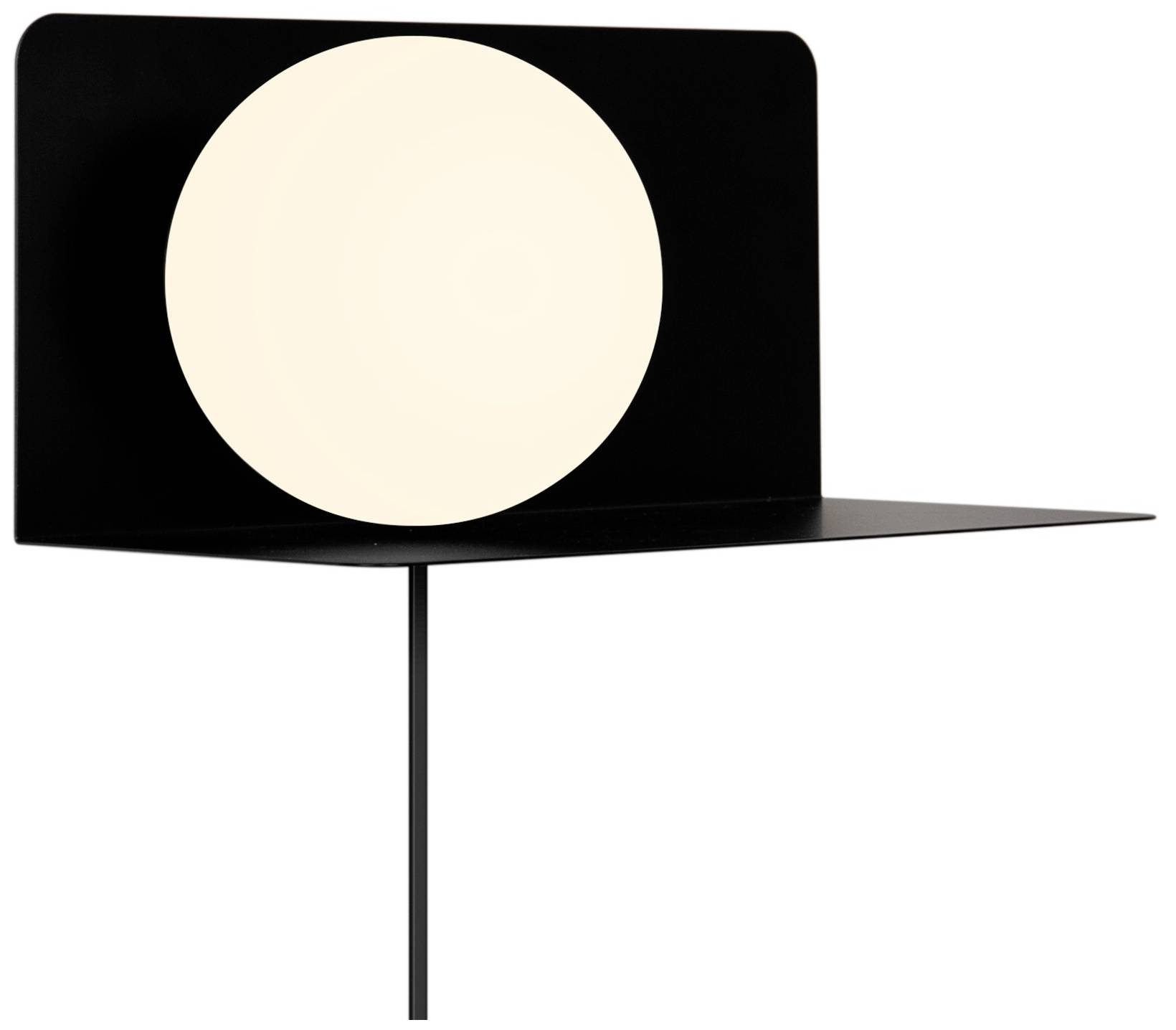 Eine moderne Wandleuchte mit kreisförmigem, weißem Leuchtkörper auf schwarzem Hintergrund. Minimalistisches Design.