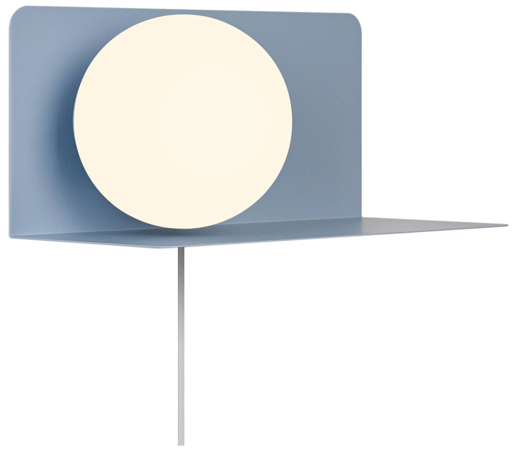 Eine Wandlampe mit rundem, leuchtendem Schirm auf einer blauen, metallenen Halterung. Modernes Design mit minimalistischen Formen.