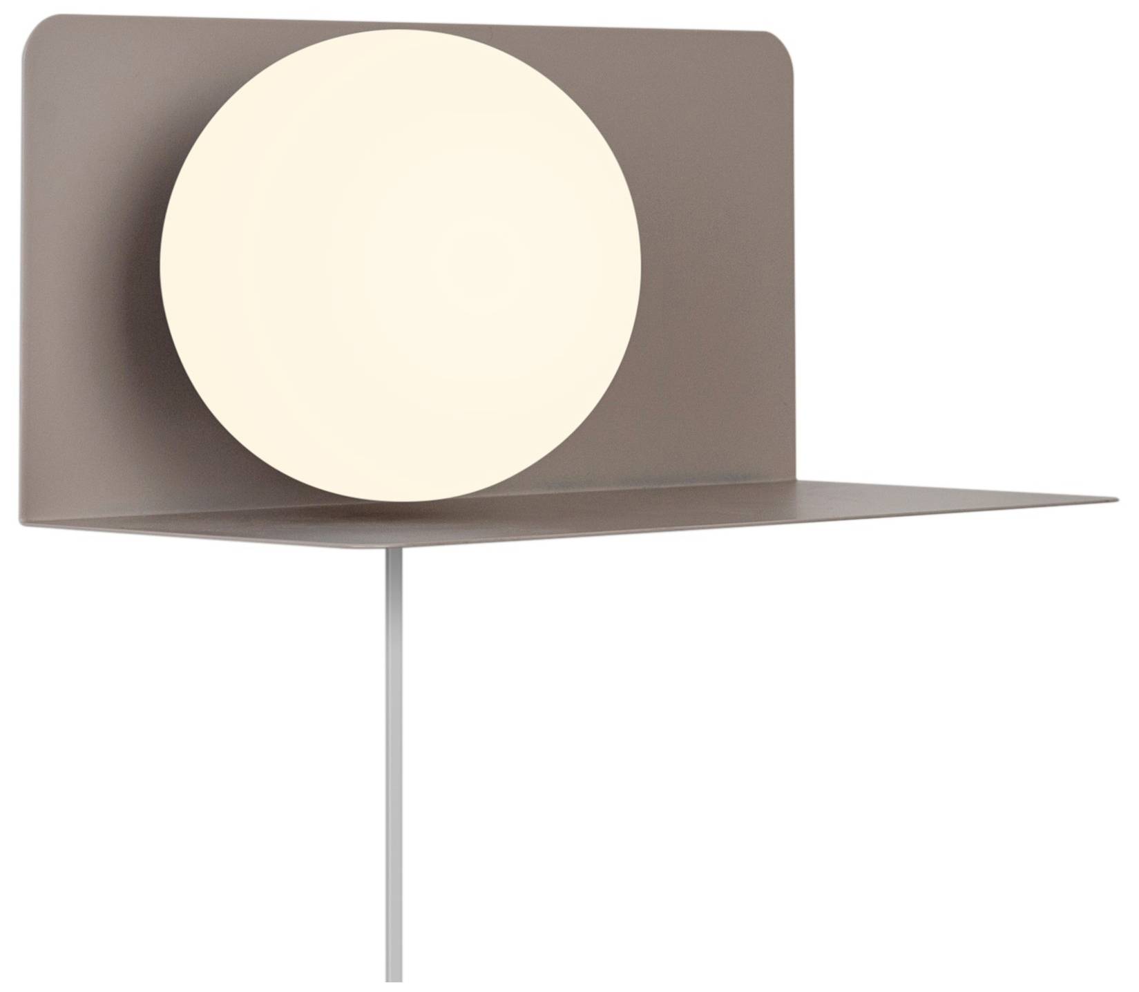 Moderne Wandlampe mit rundem, leuchtendem Schirm auf rechteckiger, brauner Metallplatte.