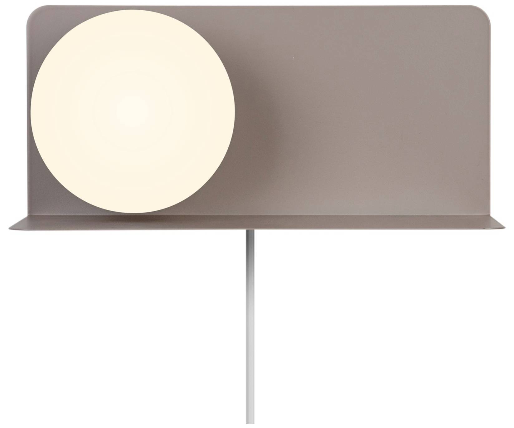 Eine runde, leuchtende Lampe vor einem rechteckigen, braunen Hintergrund. Die Lampe ist an einer dünnen Stange befestigt.