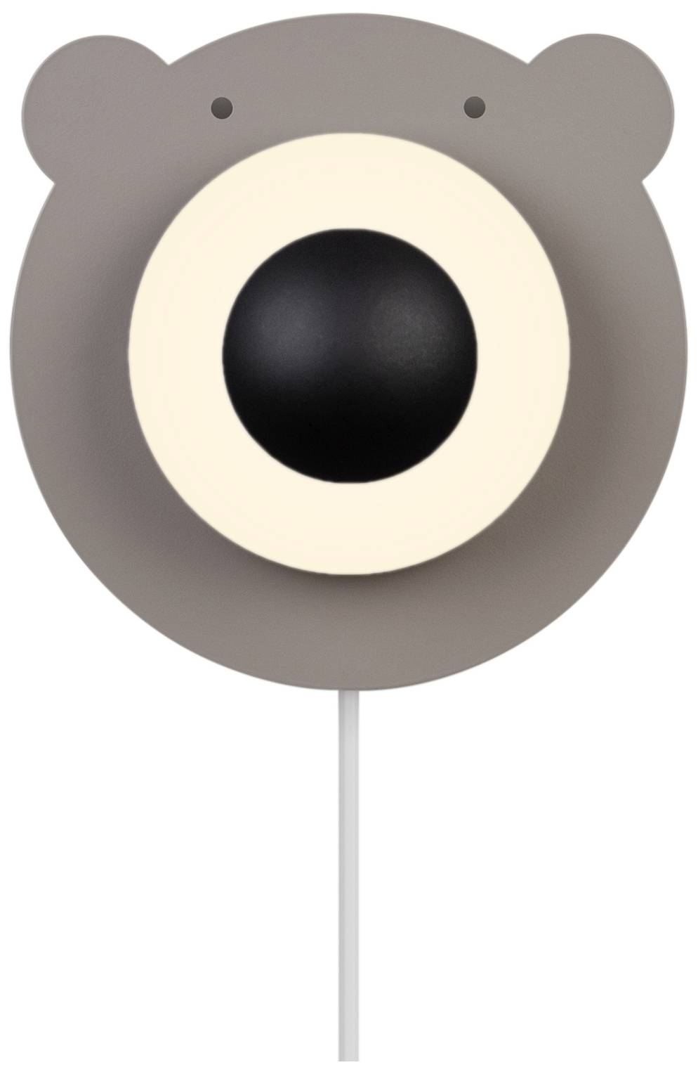 Eine Kinderlampe in Form eines Bärenkopfes mit einem runden, leuchtenden Kreis in der Mitte auf grauem Hintergrund.