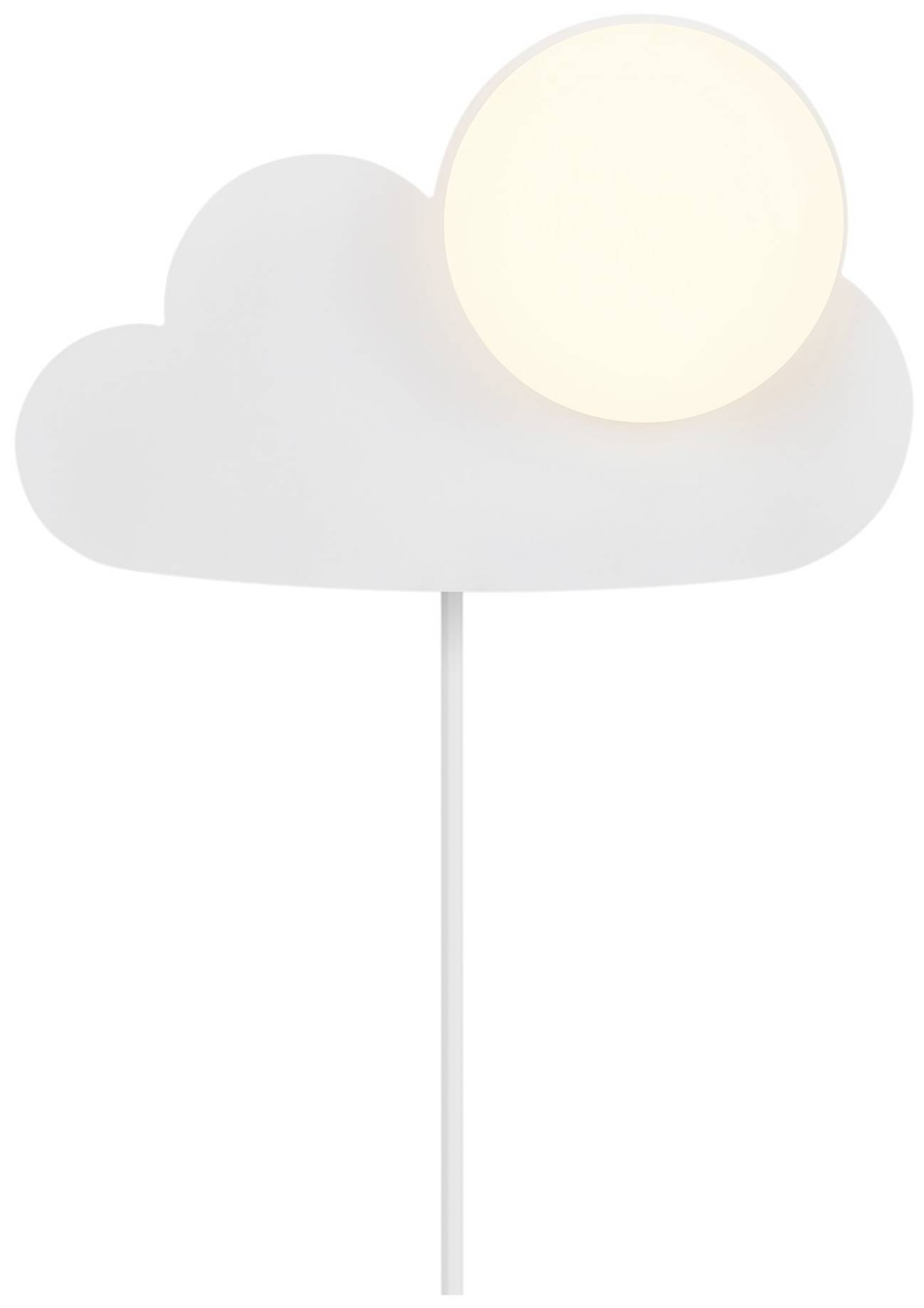 Weiße Wandlampe in Form einer Wolke mit rundem, leuchtendem Lampenschirm.