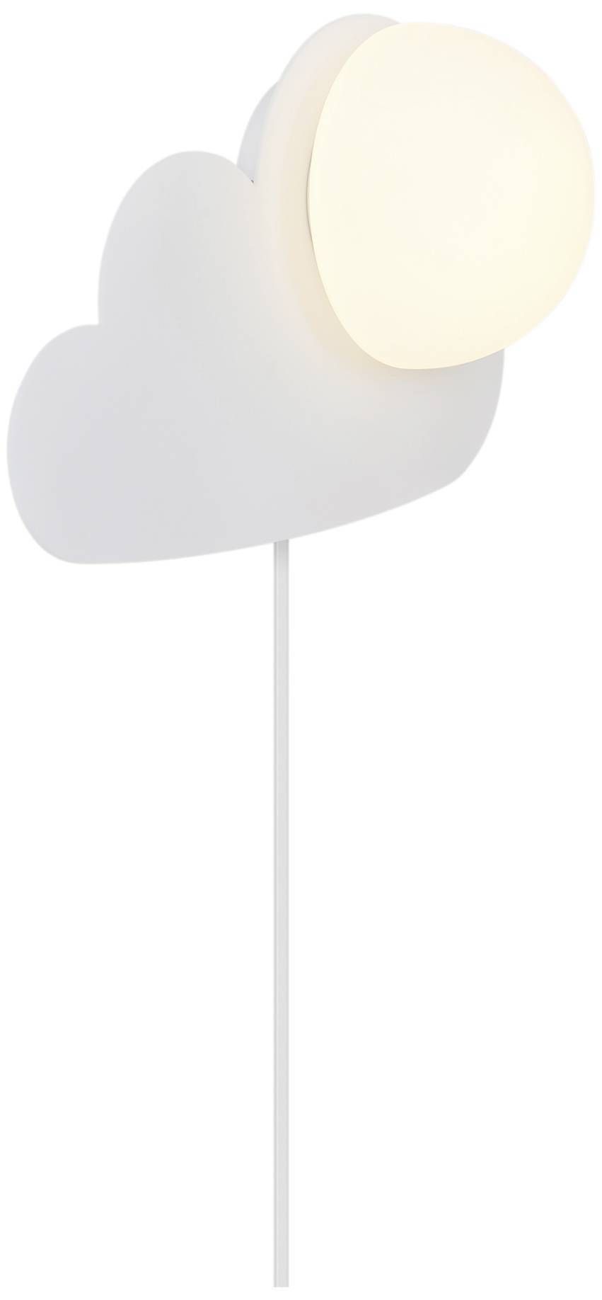 Eine weiße Wandleuchte in Form einer Wolke mit einer leuchtenden Kugel, die die Sonne oder den Mond darstellt.