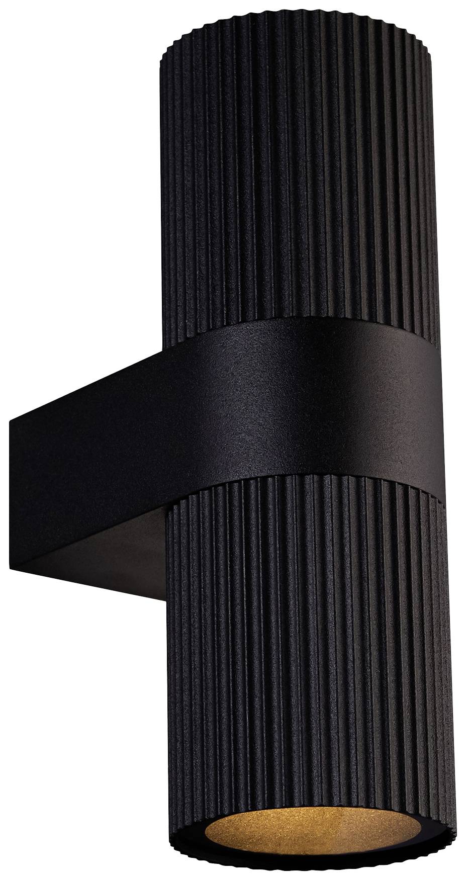 Schwarze, zylindrische Wandleuchte mit gerippter Oberfläche, die nach unten leuchtet. eignet sich für moderne Innenräume.
