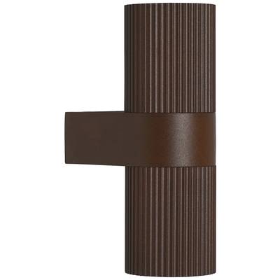 Eine moderne, dunkelbraune Außenwandleuchte mit zylindrischem Design aus Metall. Sie hat vertikale Rillen und einen mittigen Halter.