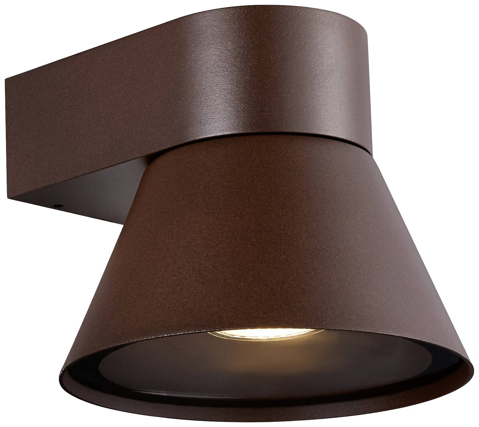 Braune Wandlampe mit modernem, trichterförmigem Design, direktem Lichtauslass nach unten, geeignet für Außenbeleuchtung.