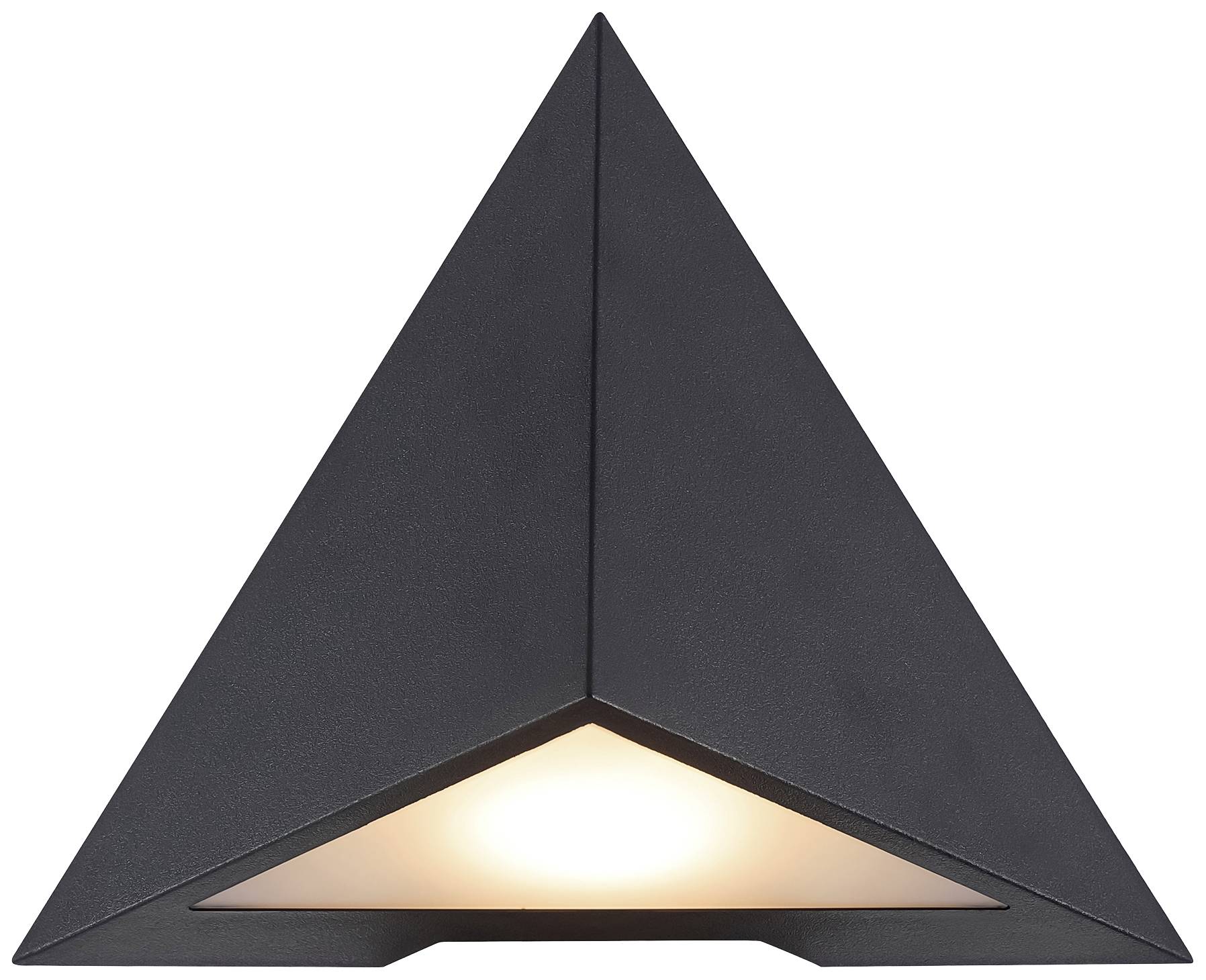 Dreieckige schwarze Wandleuchte mit nach unten gerichtetem Lichtstrahl.
