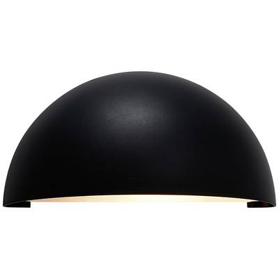 Eine schwarze, halbrunde Wandlampe, die sanftes Licht nach unten ausstrahlt. Ideal für moderne Innenräume.