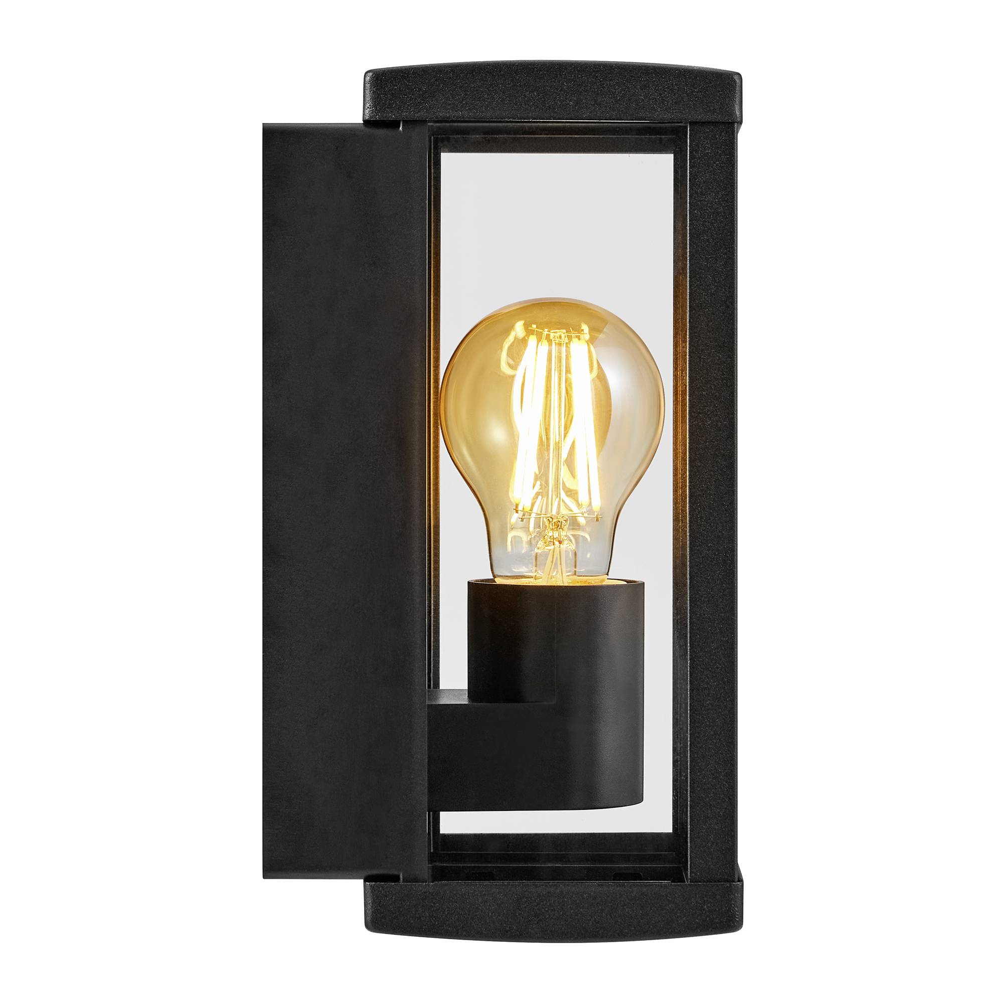 Schwarze Außenwandleuchte mit Glasabdeckung und sichtbarer Glühbirne. Sie hat ein schlichtes, modernes Design für Außenbeleuchtung.