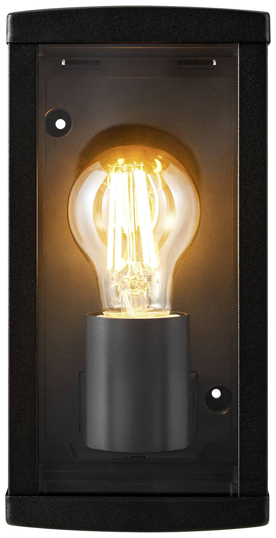 Eine eingeschaltete Glühbirne in einem schwarzen Gehäuse, die warmes Licht ausstrahlt.