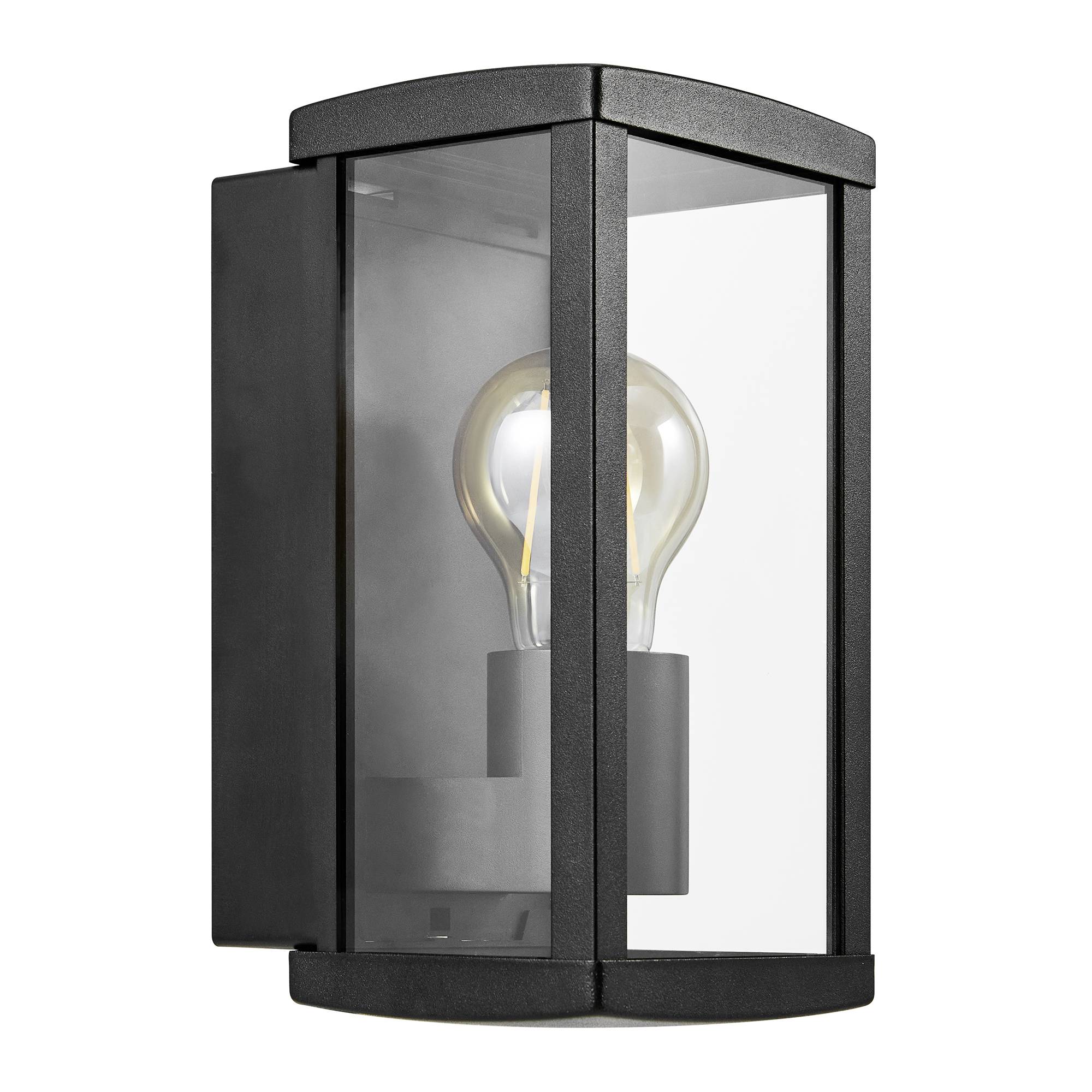 Eine schwarze Außenwandleuchte mit transparentem Glas, das eine Glühbirne zeigt. Die Leuchte hat ein modernes, rechteckiges Design.