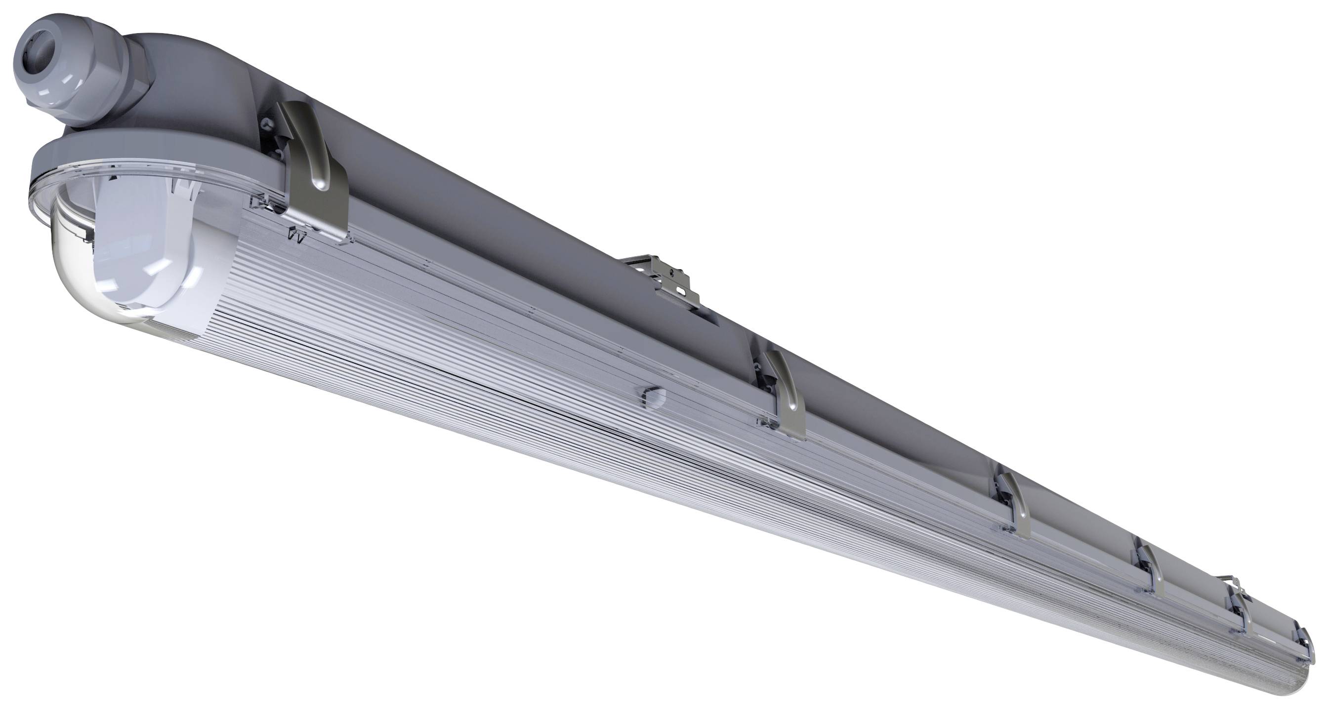 Eine längliche industrielle LED-Leuchte mit grauem Gehäuse und metallischen Halterungen. Designed für Einsatz in feuchten Umgebungen.