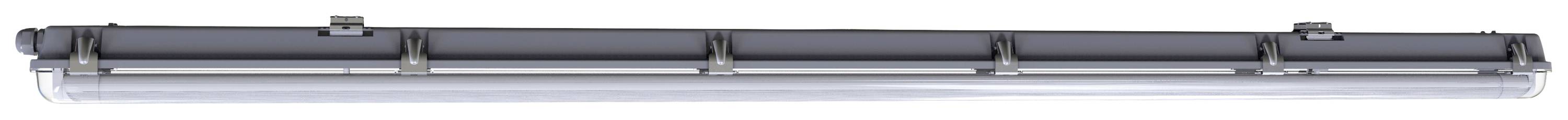 Eine lange, schwarze LED-Leuchte, ideal für den Einsatz in großen Innenräumen oder als Garagenbeleuchtung.