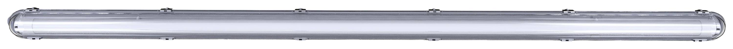 Eine lange, silberne LED-Leuchte mit abgerundeten Enden und mehreren Befestigungspunkten entlang der Röhre.