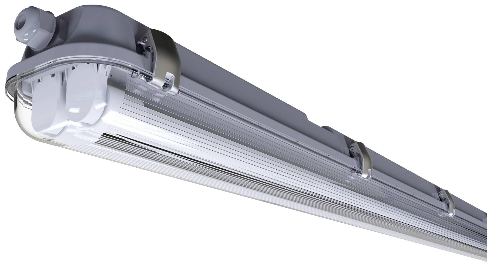Eine graue, längliche LED-Leuchte mit transparentem Abdeckung, an der Decke montiert, zur Beleuchtung von Innenräumen.