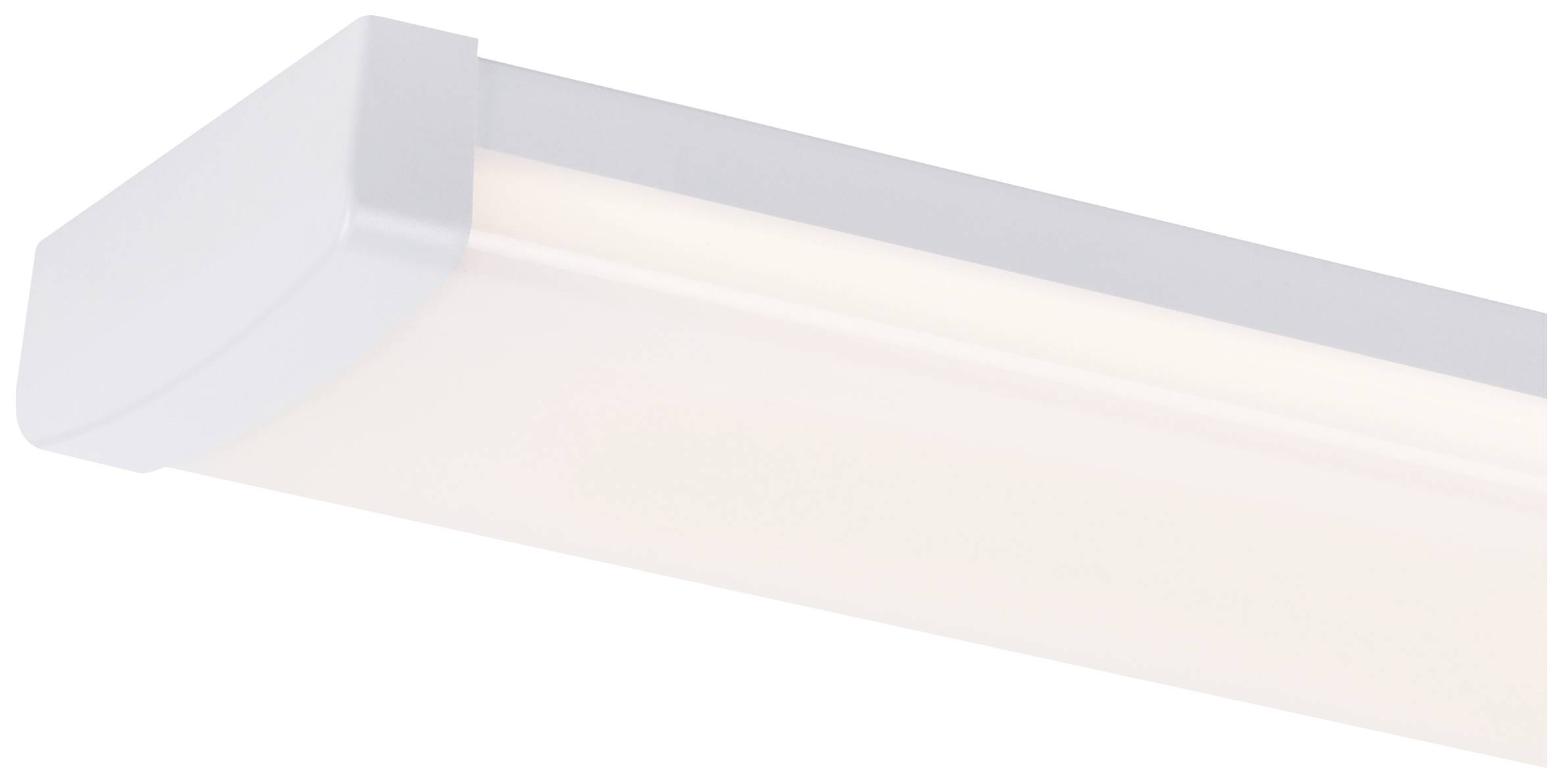 Weiße LED-Deckenleuchte mit rechteckigem Design, an einer weißen Oberfläche montiert, strahlt warmes, diffuses Licht aus.