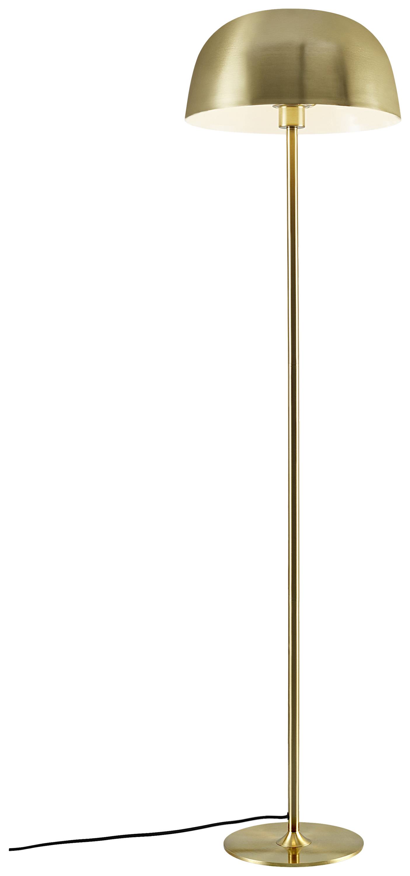Eine goldene Stehlampe mit gewölbtem Schirm und schlankem, geradem Ständer steht aufrecht, das Kabel liegt am Boden.