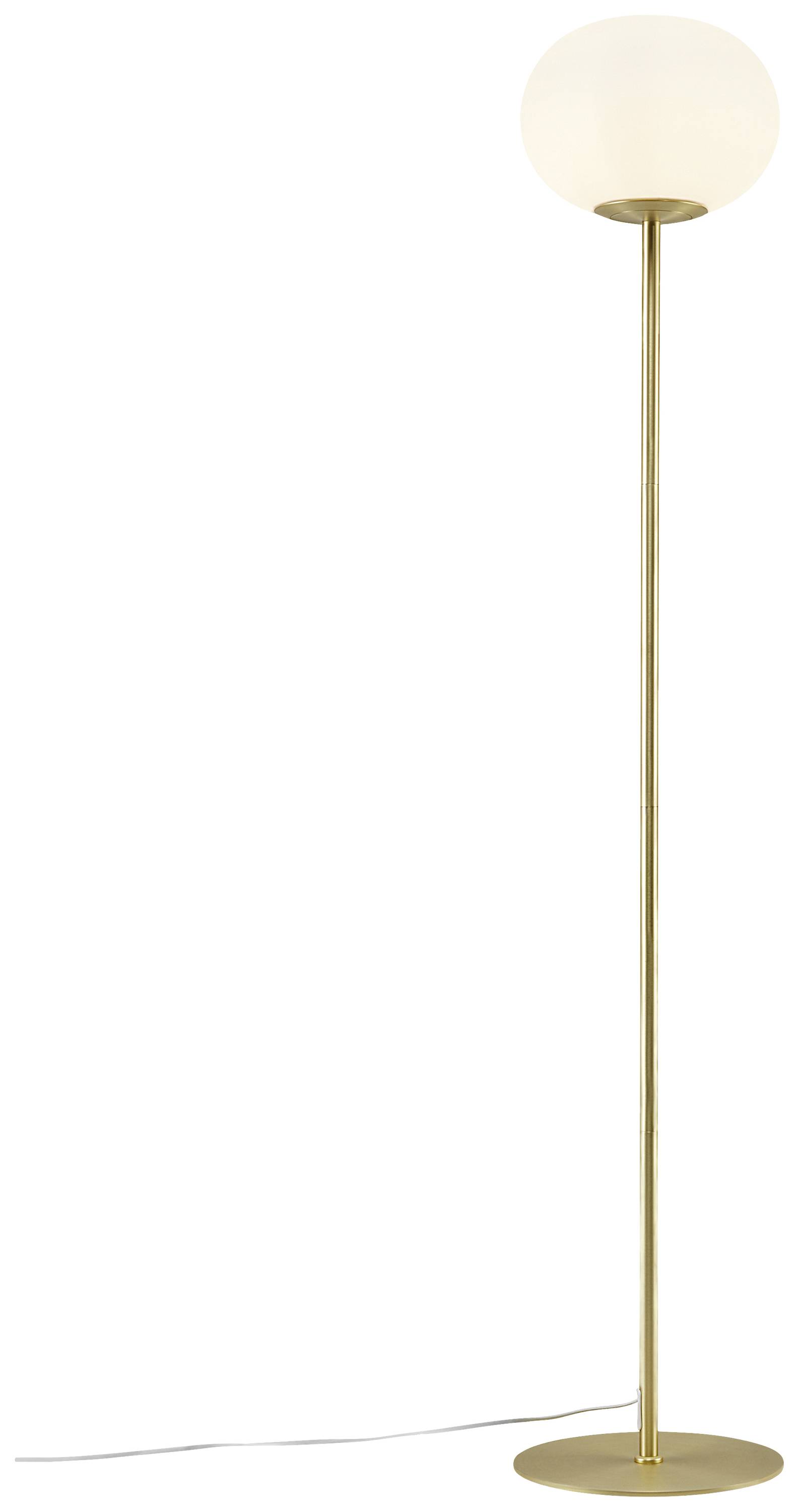 Stehlampe mit schlankem, goldenem Ständer und kugelförmigem, weißem Lampenschirm.