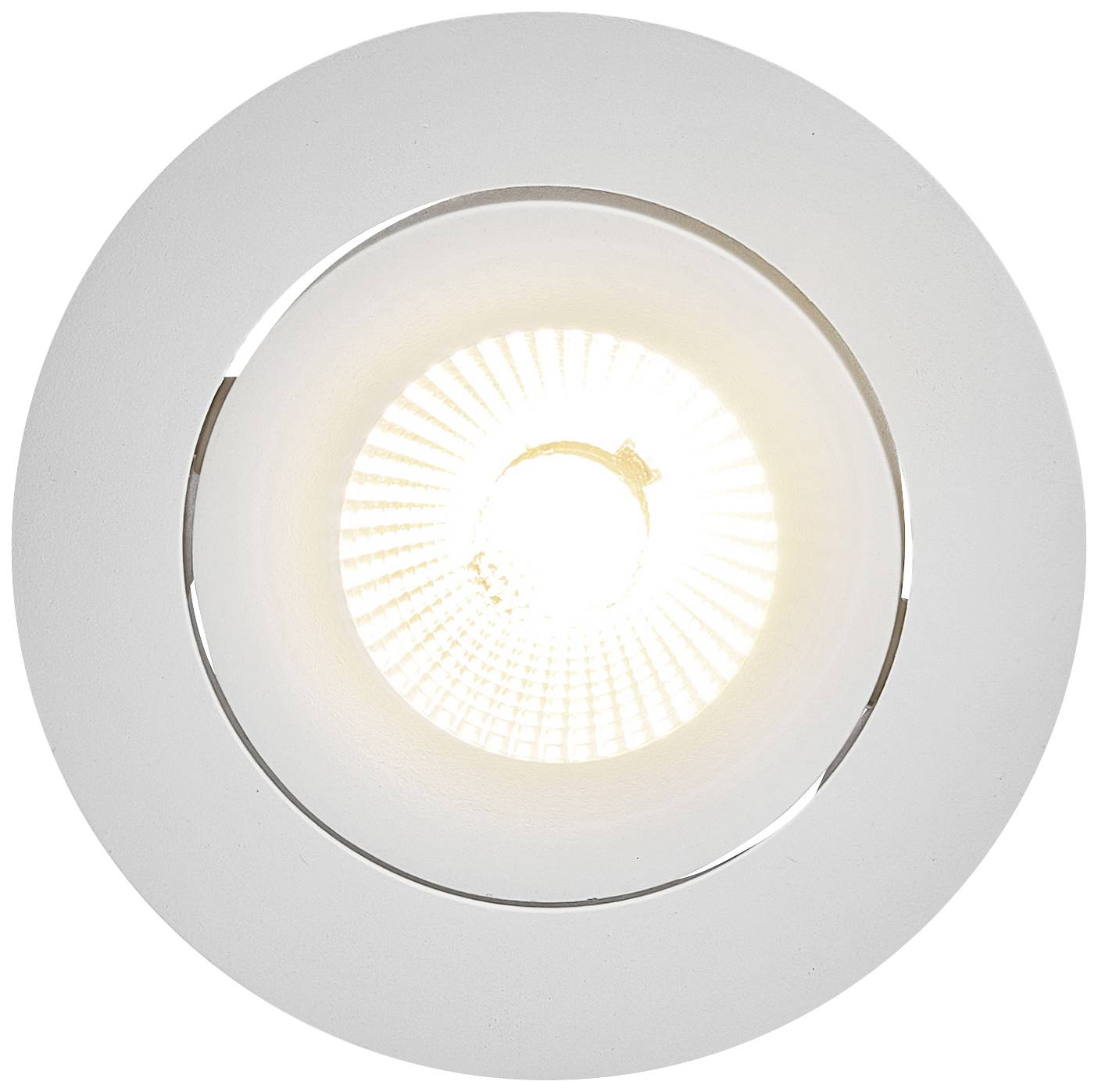 Eine helle LED-Deckenlampe mit rundem, modernem Design, zentral angebracht, leuchtet gleichmäßig und sorgt für gute Beleuchtung.