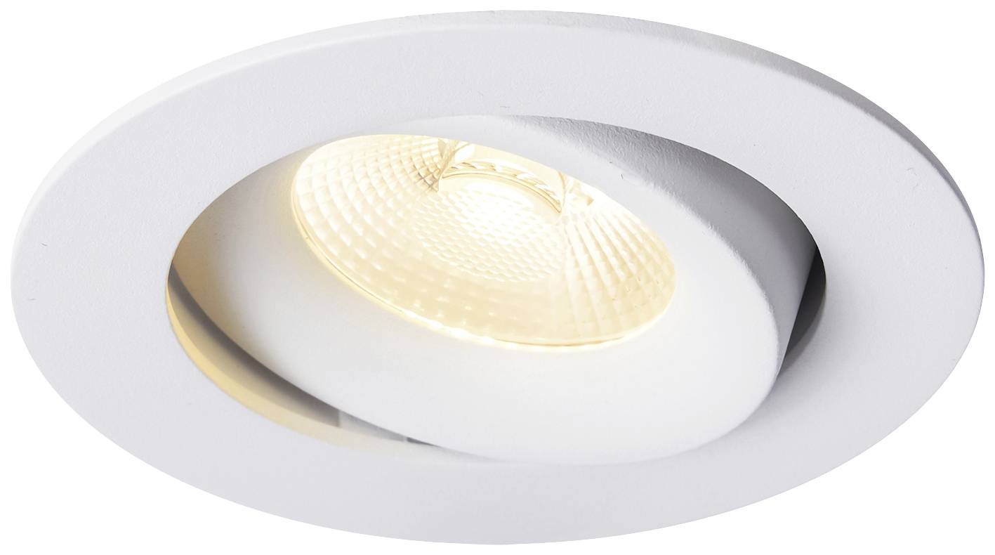 Runde, weiße Einbauleuchte mit sichtbarer LED-Lichtquelle, die warmweiß leuchtet; Fokus auf minimalistisches Design und Funktionalität.