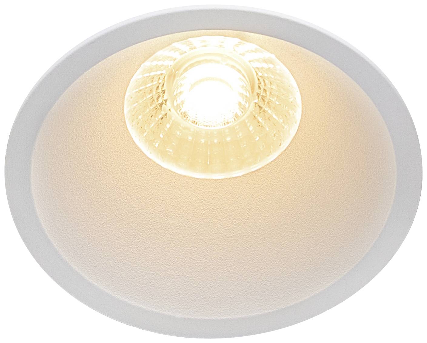 Einbauleuchte mit rundem Rahmen und gefrostetem Leuchtmittel, das warmes Licht abstrahlt. Hauptsächlich zur Deckenmontage verwendet.