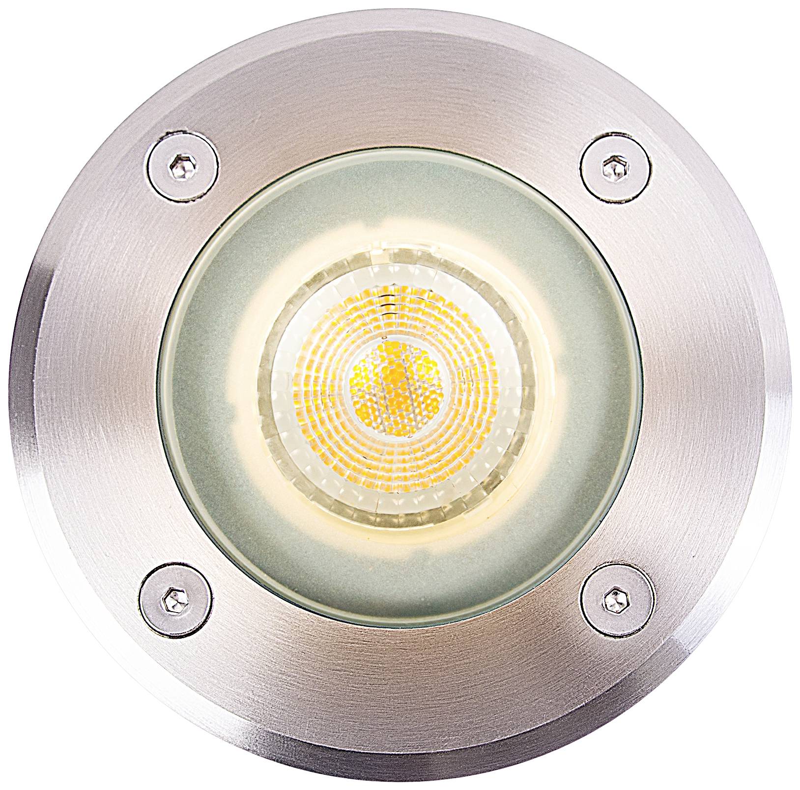 Rund, silberner LED-Spotlight mit vier sichtbaren Schrauben, zeigt leuchtende LED-Dioden im Zentrum. Geeignet für Bodenmontage.