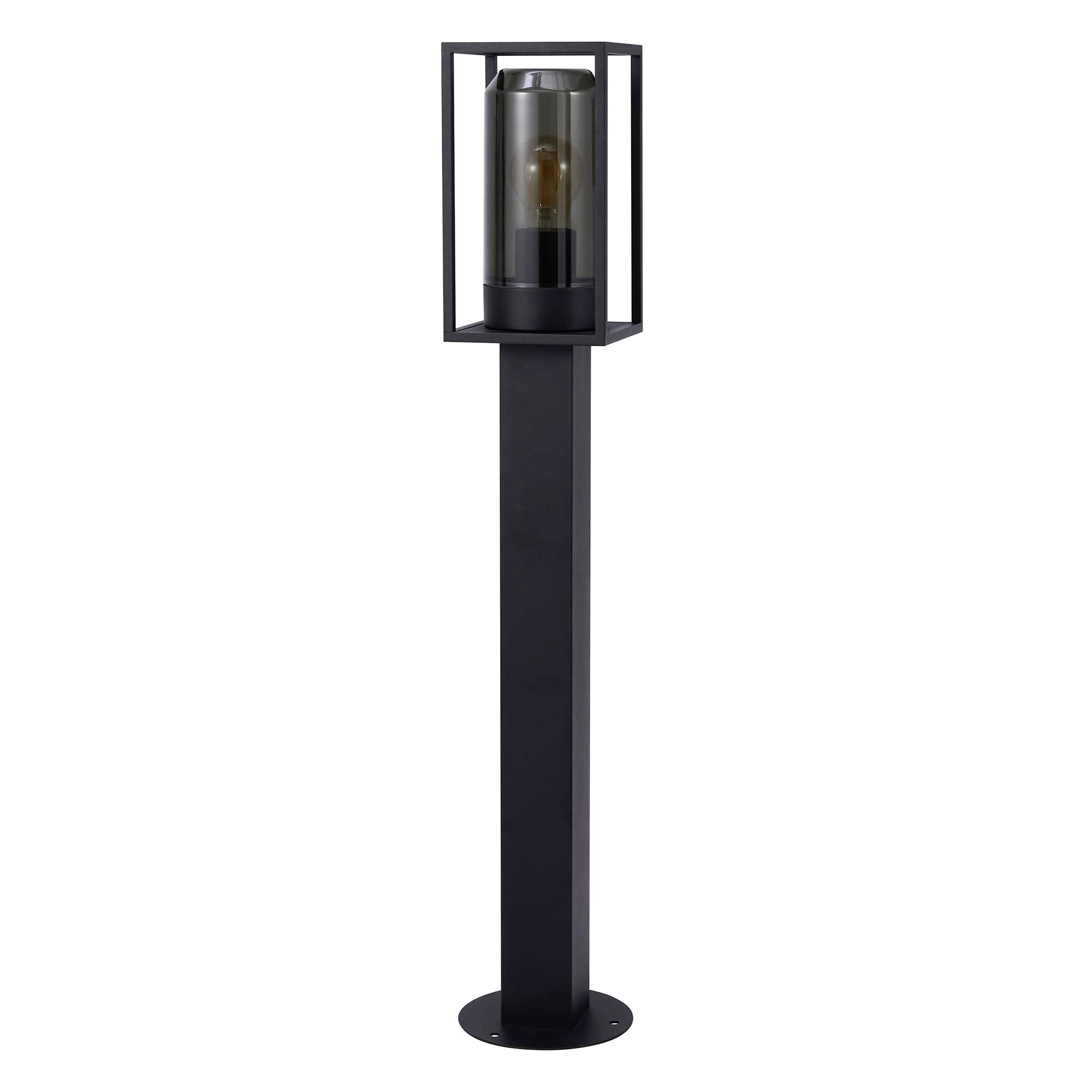 Eine schwarze, moderne Außenlaterne mit rechteckigem Rahmen auf einem hohen Sockel. Ideal für Garten- oder Gehwegbeleuchtung.
