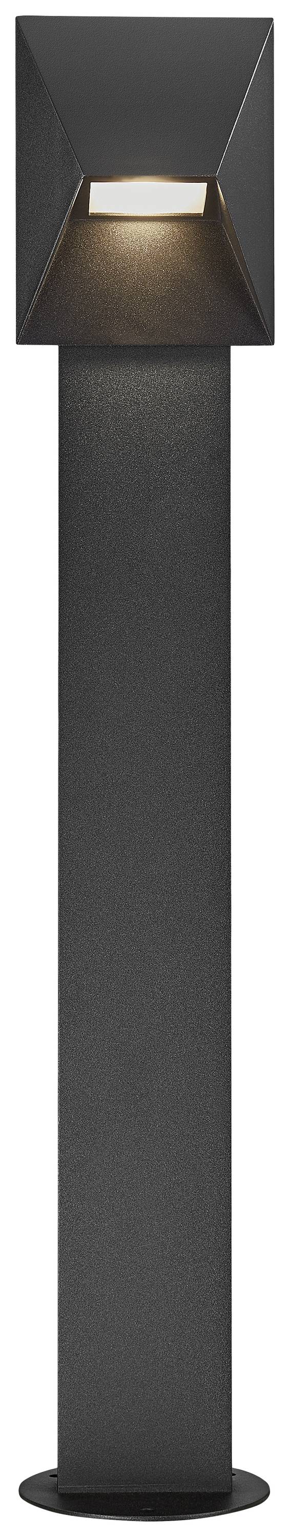 Eine schwarze moderne Außenleuchte mit einer quadratischen Basis, gerichtetes Licht nach unten abstrahlend.