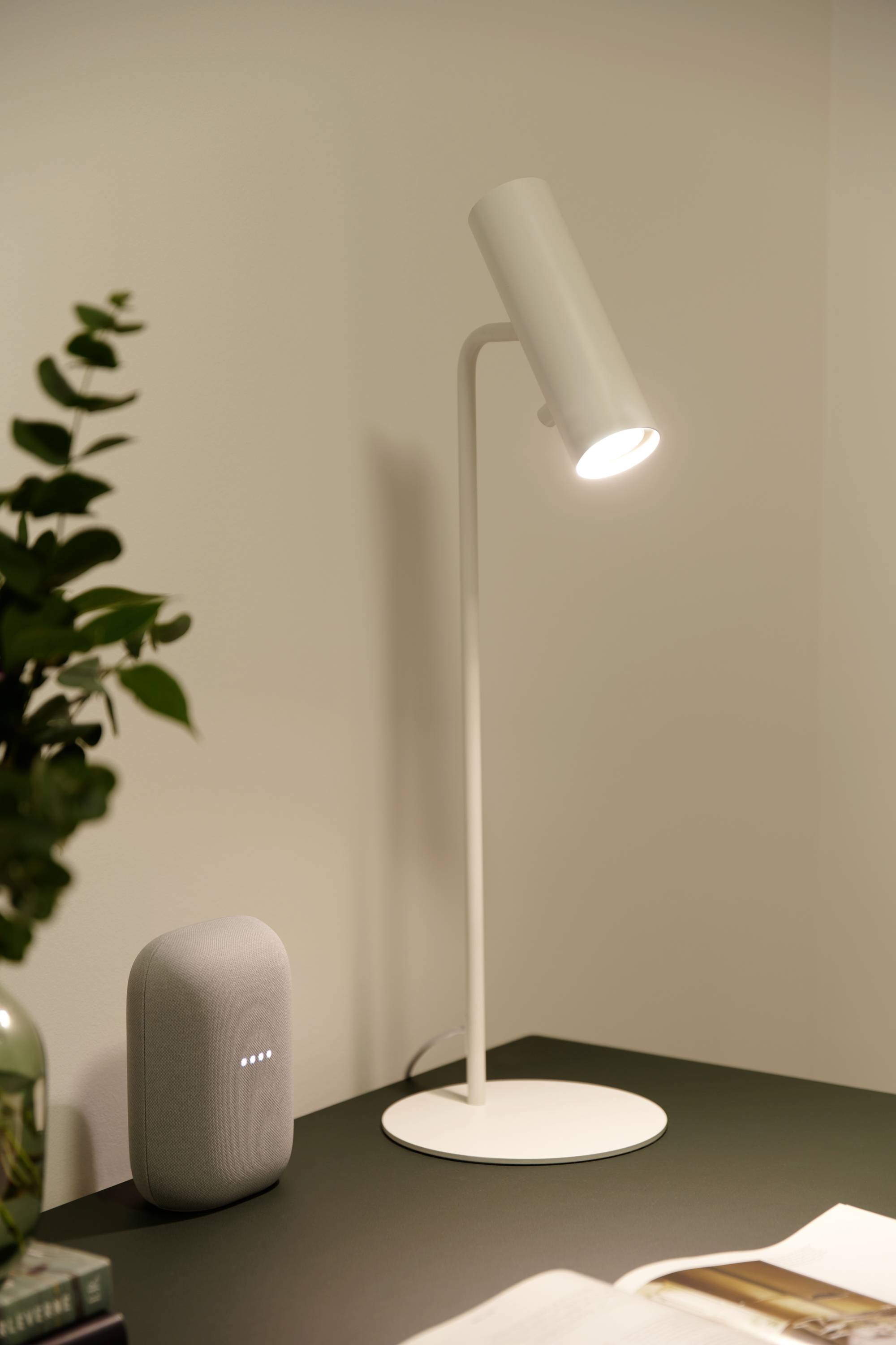 Eine weiße Tischlampe leuchtet auf einen Schreibtisch. Daneben steht ein smartes Lautsprechersystem. Links ist eine Pflanze zu sehen.