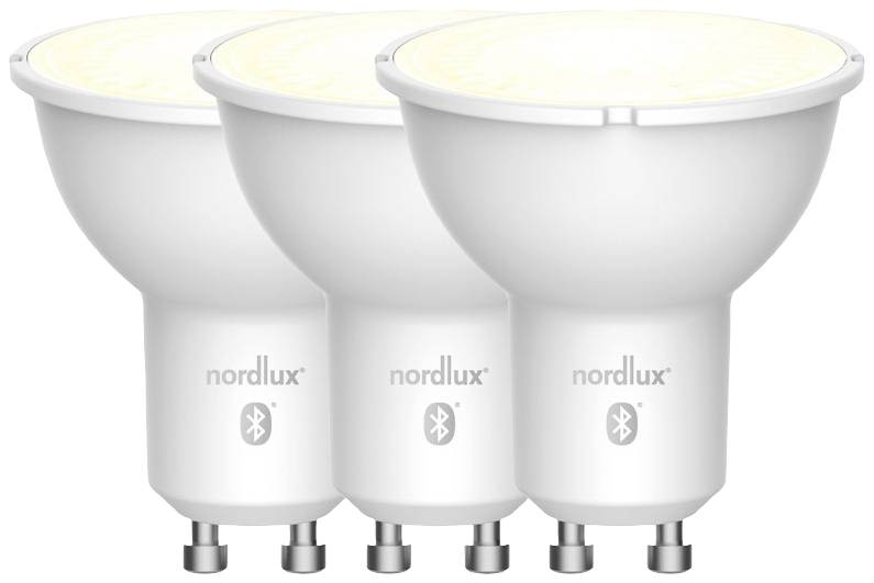 Drei weiße LED-Lampen in einer Reihe. Jede Lampe trägt das Logo einer Marke und ein Bluetooth-Symbol, was intelligente Steuerung andeutet.