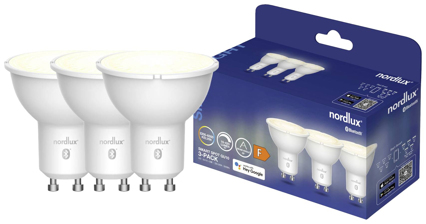 Drei smarte LED-Glühbirnen von Nordlux mit Bluetooth-Steuerung, verpackt in einer blauen Schachtel. Kompatibel mit 'Hey Google'.