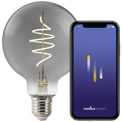 Glühbirne mit spiralförmigem Glühdraht neben einem Smartphone mit der App 'nordlux smart', die farbige Lichtsteuerungsoptionen zeigt.