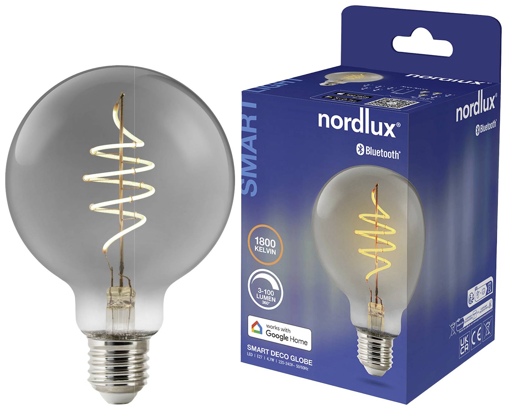 Eine dekorative LED-Glühbirne mit Spiralform. Verpackung zeigt 'Nordlux Smart' Logo und Bluetooth Kompatibilität.