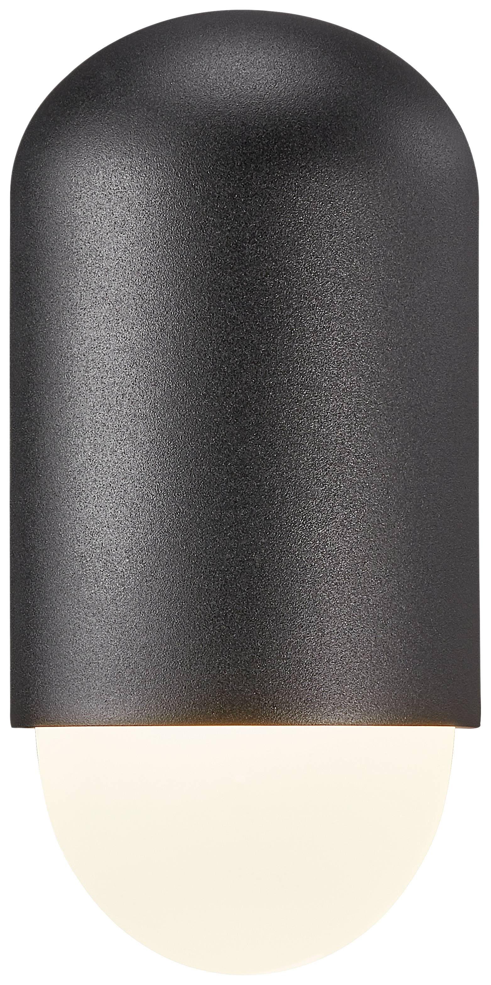 Eine schwarze, zylindrische Lampe mit abgerundeter Kappe; darunter leuchtet ein milchiges, warm-weißes Licht hervor.