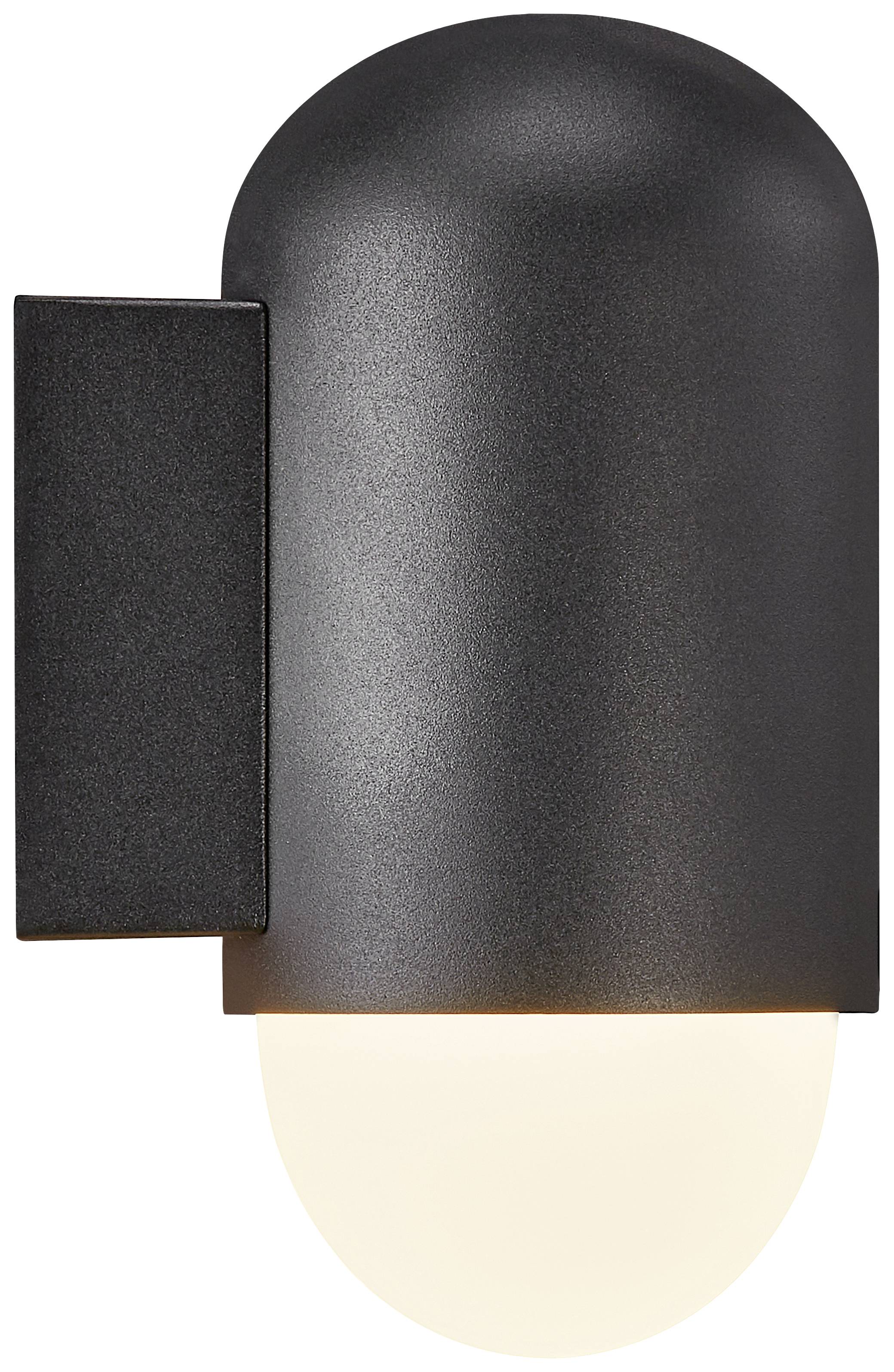 Schwarze, moderne Wandleuchte mit halbkreisförmigem Design und nach unten strahlendem Licht. Ideal für stilvolle Beleuchtung im Außenbereich.