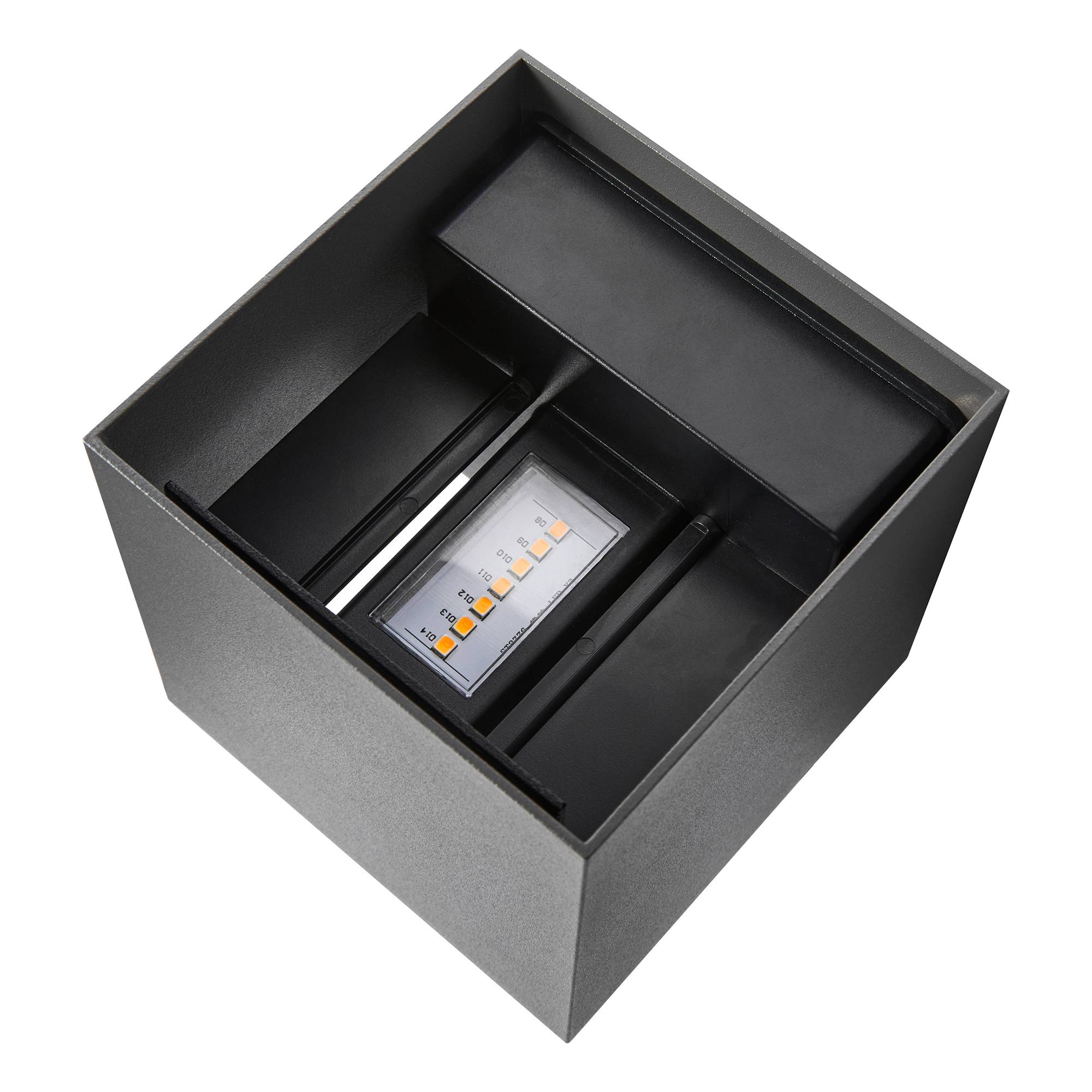 Ein schwarzer Würfel mit einem quadratischen Licht im Inneren, dessen Lichtband in verschiedenen Farben leuchtet.