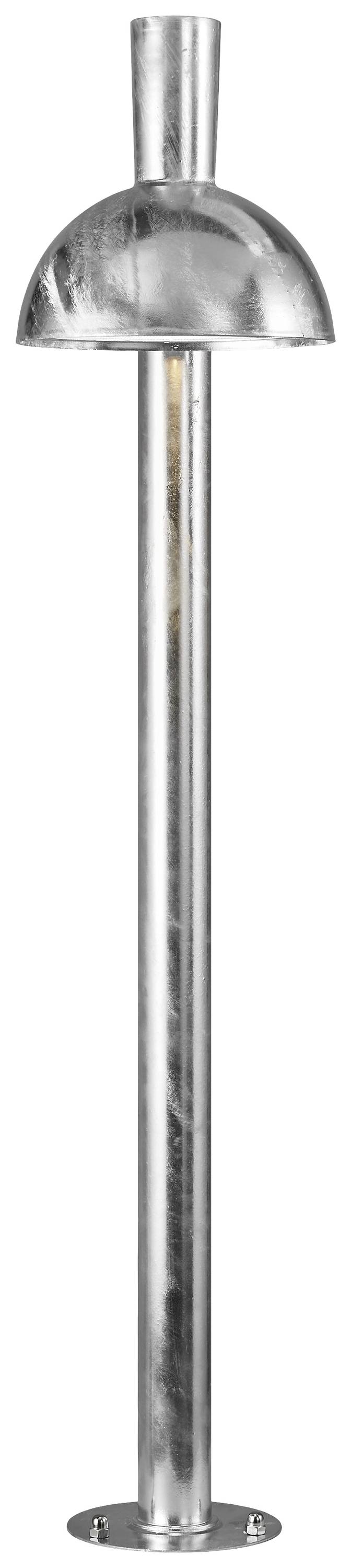 Metall-Stehlampe mit zylindrischem Standbein und halbkugelförmigem Lampenschirm, geeignet für Außenbeleuchtung.