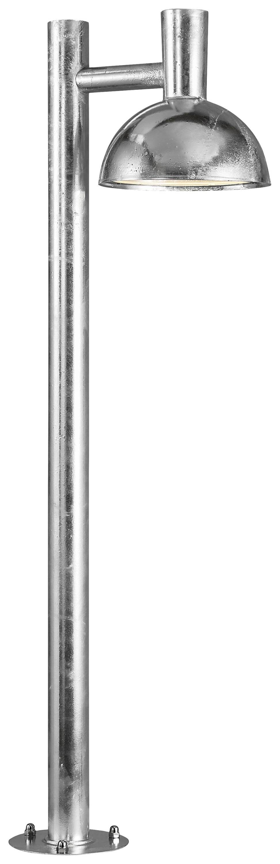 Eine silberne Straßenlaterne mit rundem Schirm auf einem hohen, schlanken Mast.