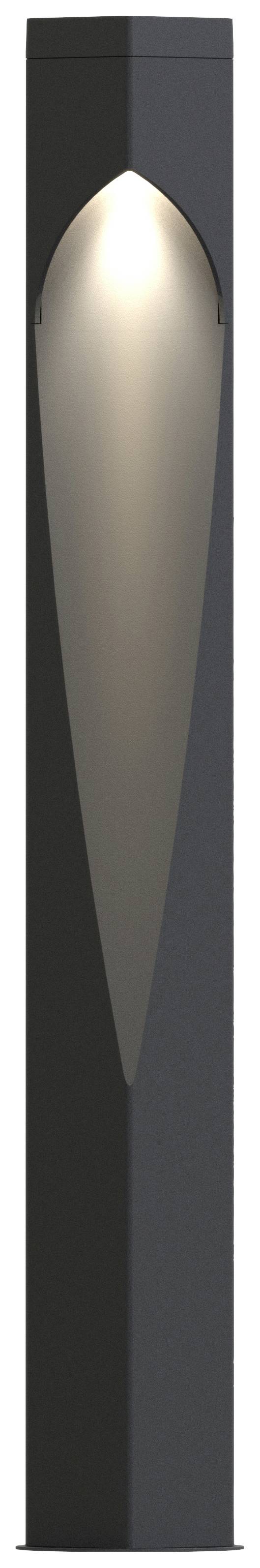 Eine schwarze Stehleuchte mit einer Birnen-Form an der Spitze, leuchtet nach unten und verbreitet weiches Licht.