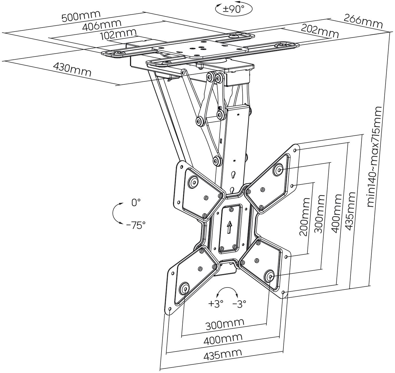 'Technische Zeichnung einer Halterung mit verstellbaren Maßen. Zeigt Breiten von 430mm bis 500mm und Höhenverstellung von 140mm bis 175mm.'