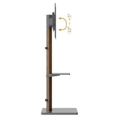 Seitenansicht eines höhenverstellbaren Monitorständers aus Holz und Metall, der Neigungswinkel von -10° bis +5° zeigt.
