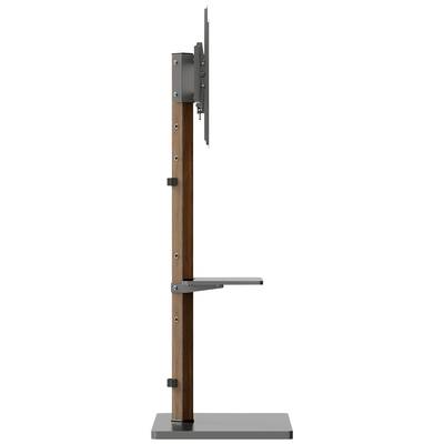 Seitenansicht eines modernen Holz- und Metallständers mit verstellbarer Halterung und kleiner Ablagefläche.