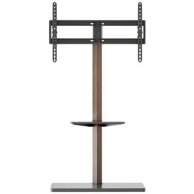 Ein TV-Ständer mit Holzsäule und Metallhalterung, geeignet für Flachbildfernseher. Unten eine kleine Ablage für Zubehör.